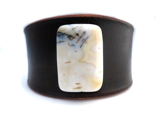 Genuine Leather Cuff Bracelet with White Carnelian Stone Bead