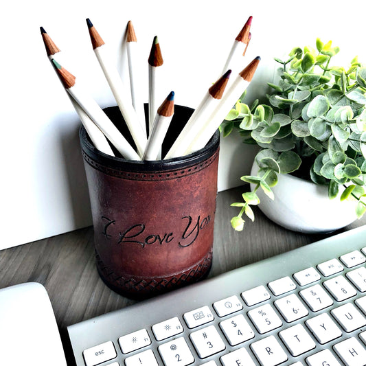 Handmade Leather Pencil and Pen Holder Engraved with I Love You Dad!!