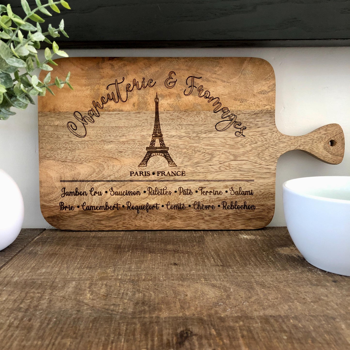 Charcuterie and Cheese Board made of Acacia Wood, Eiffel Tower - French