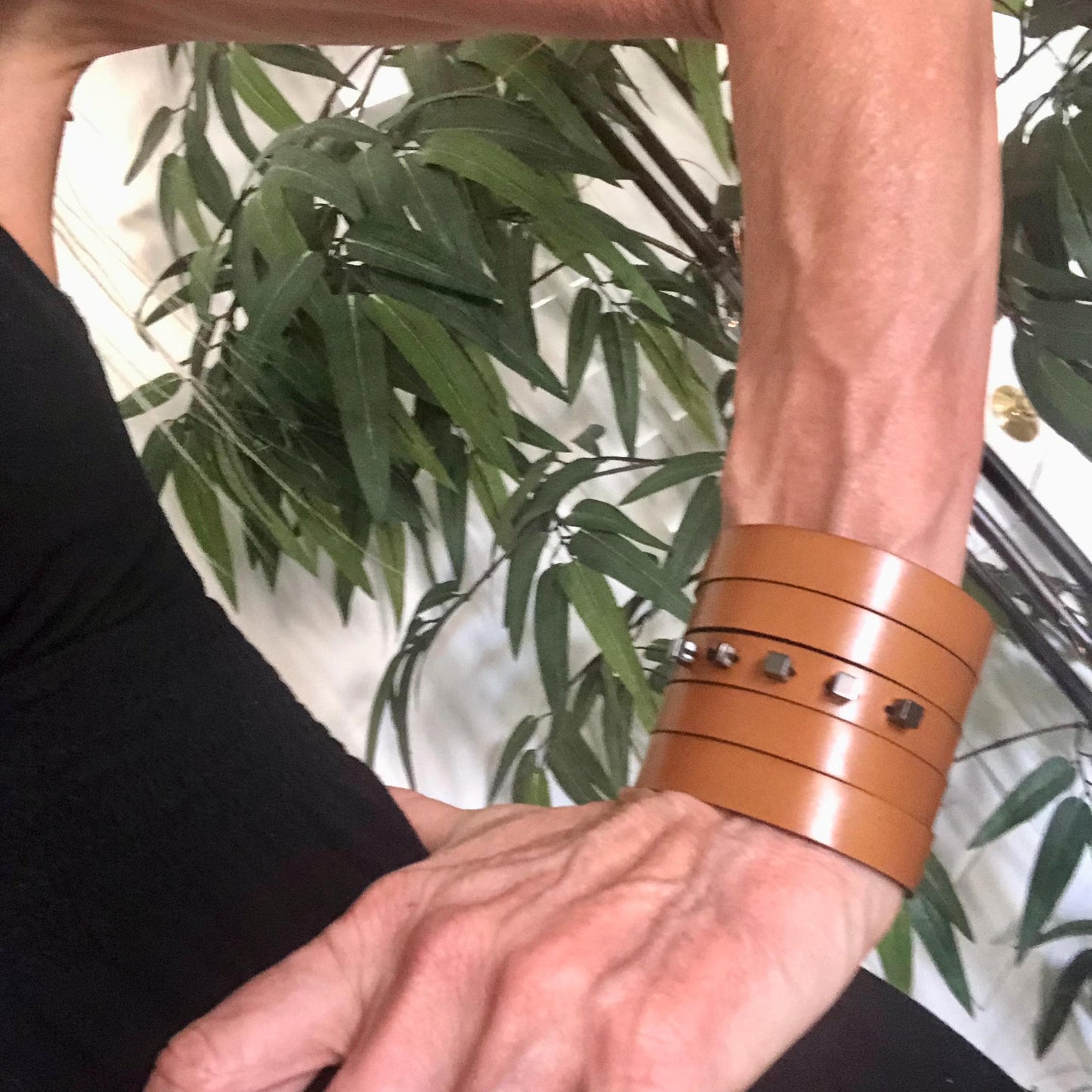 Tan Leather Slit Cuff with Beads