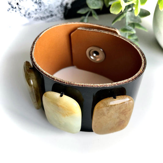 Black Patent Leather Bracelet Cuff with Jade Stone Beads