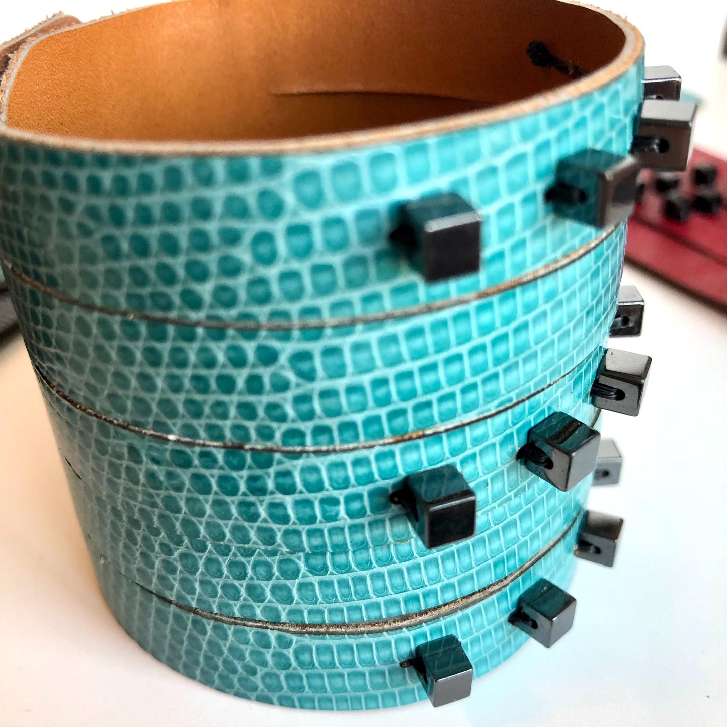 Turquoise Leather Slit Cuff with Beads