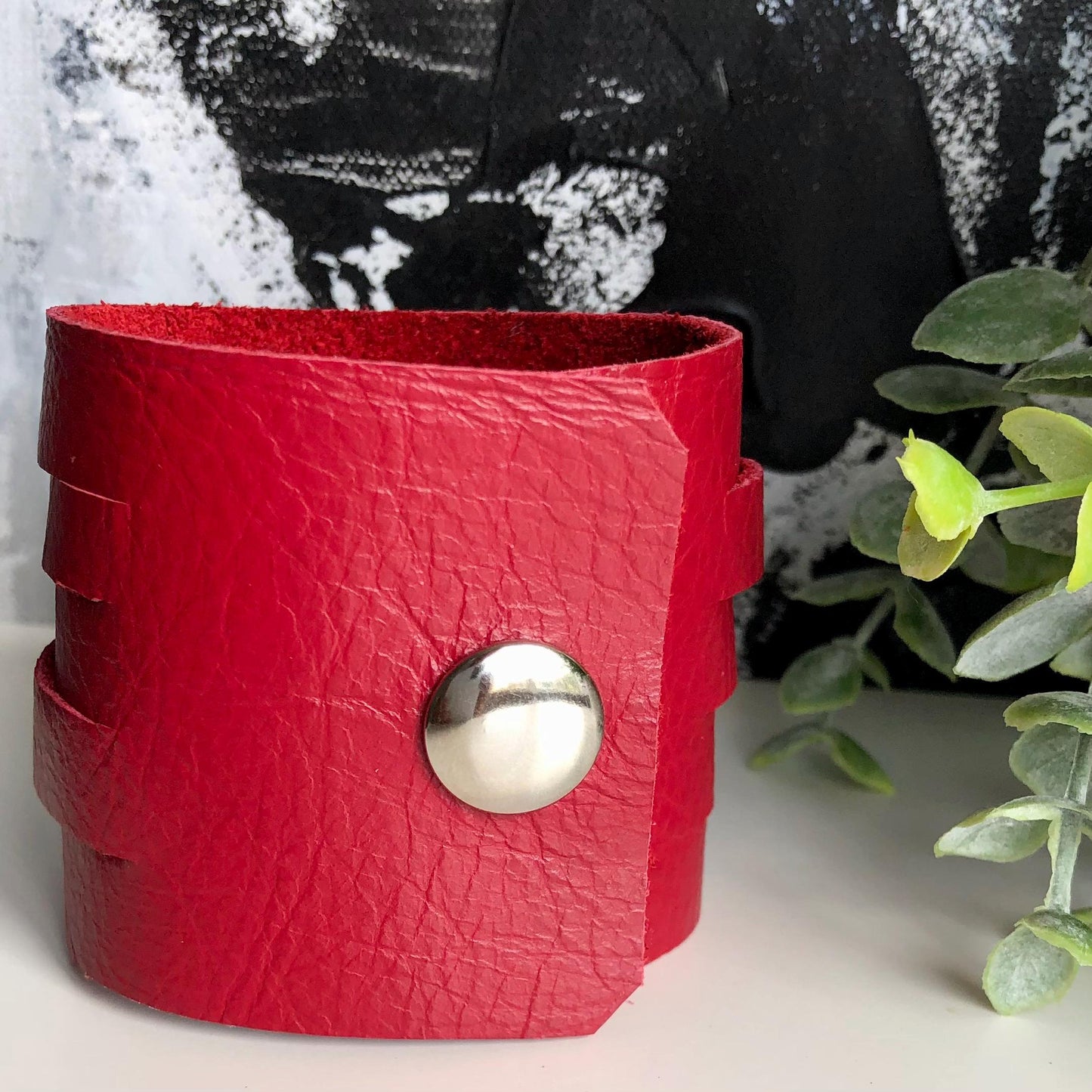 Red Leather Slit Cuff with Beads