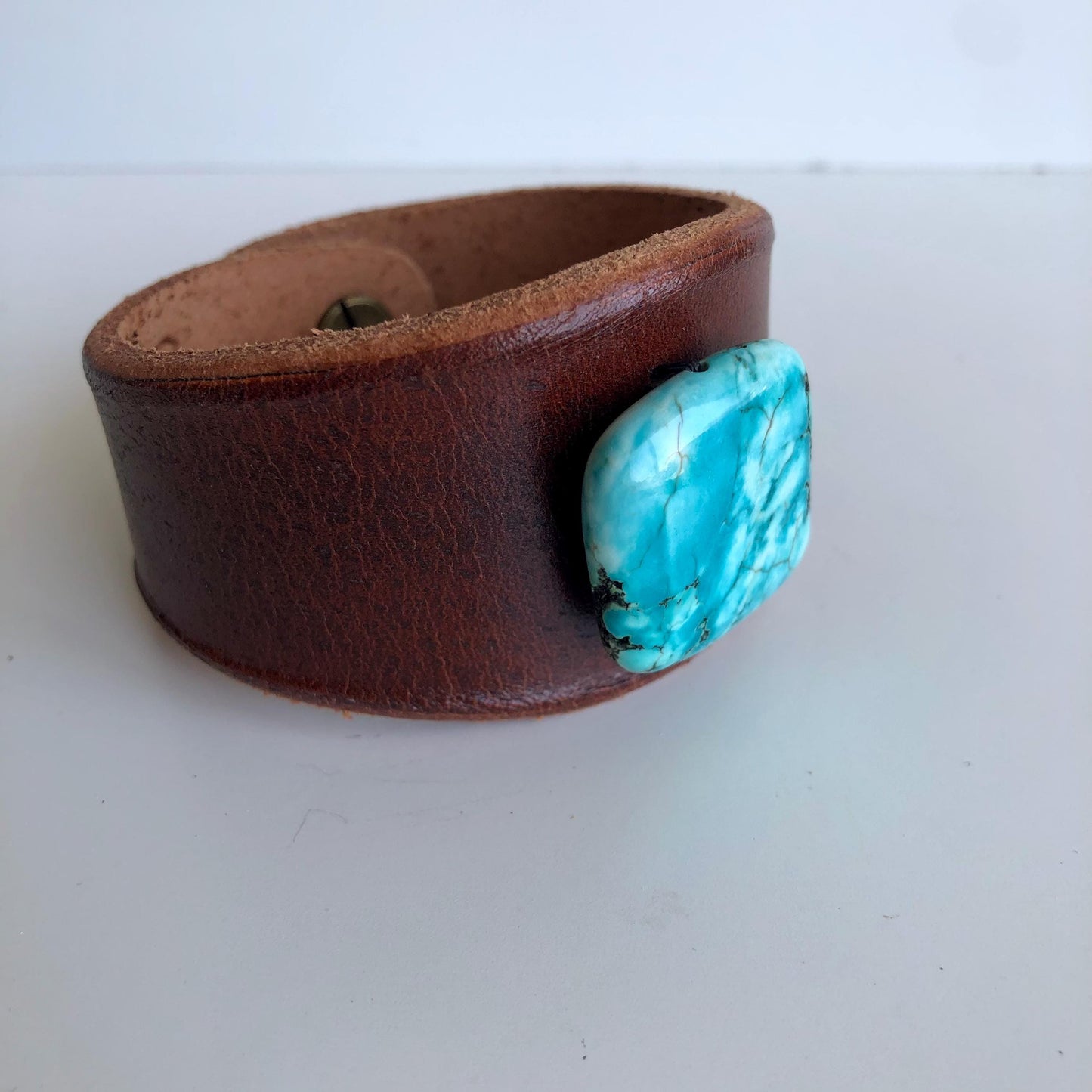 Brown Leather Bracelet with Turquoise Colored Howlite Bead