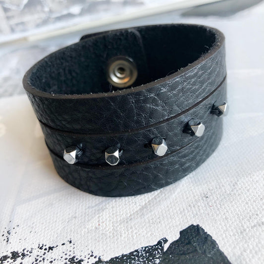 Handmade Genuine Leather Slit Cuff Bracelet with Beads: Black