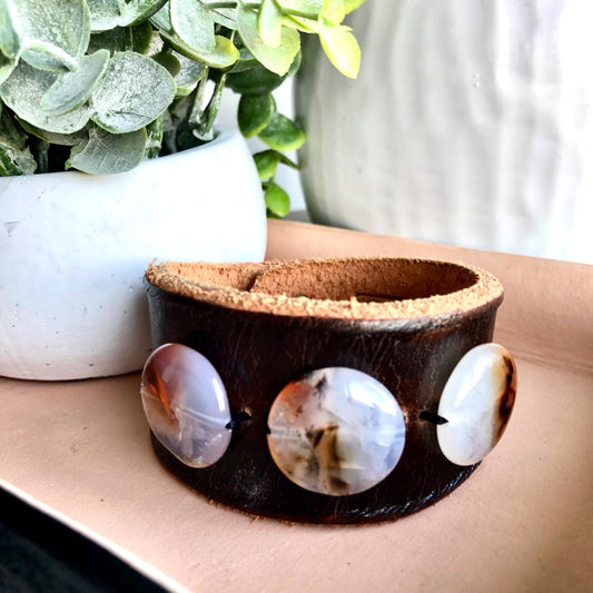 Handmade Genuine Leather Cuff Bracelet with Crystal Agate Beads