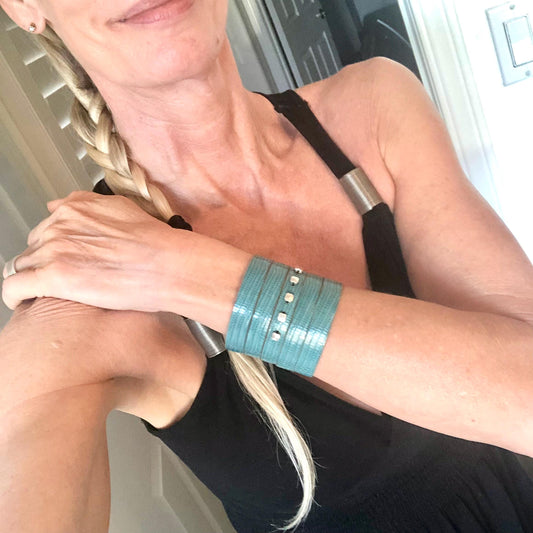 Handmade Genuine Leather Slit Cuff with Beads: Turquoise