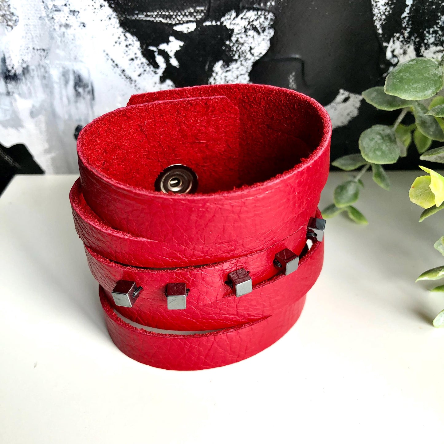 Red Leather Slit Cuff with Beads