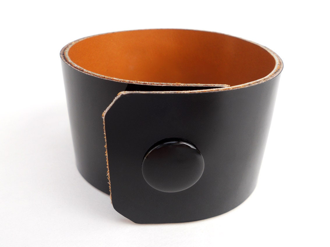 Black Patent Leather Bracelet Cuff with Jade Stone Beads