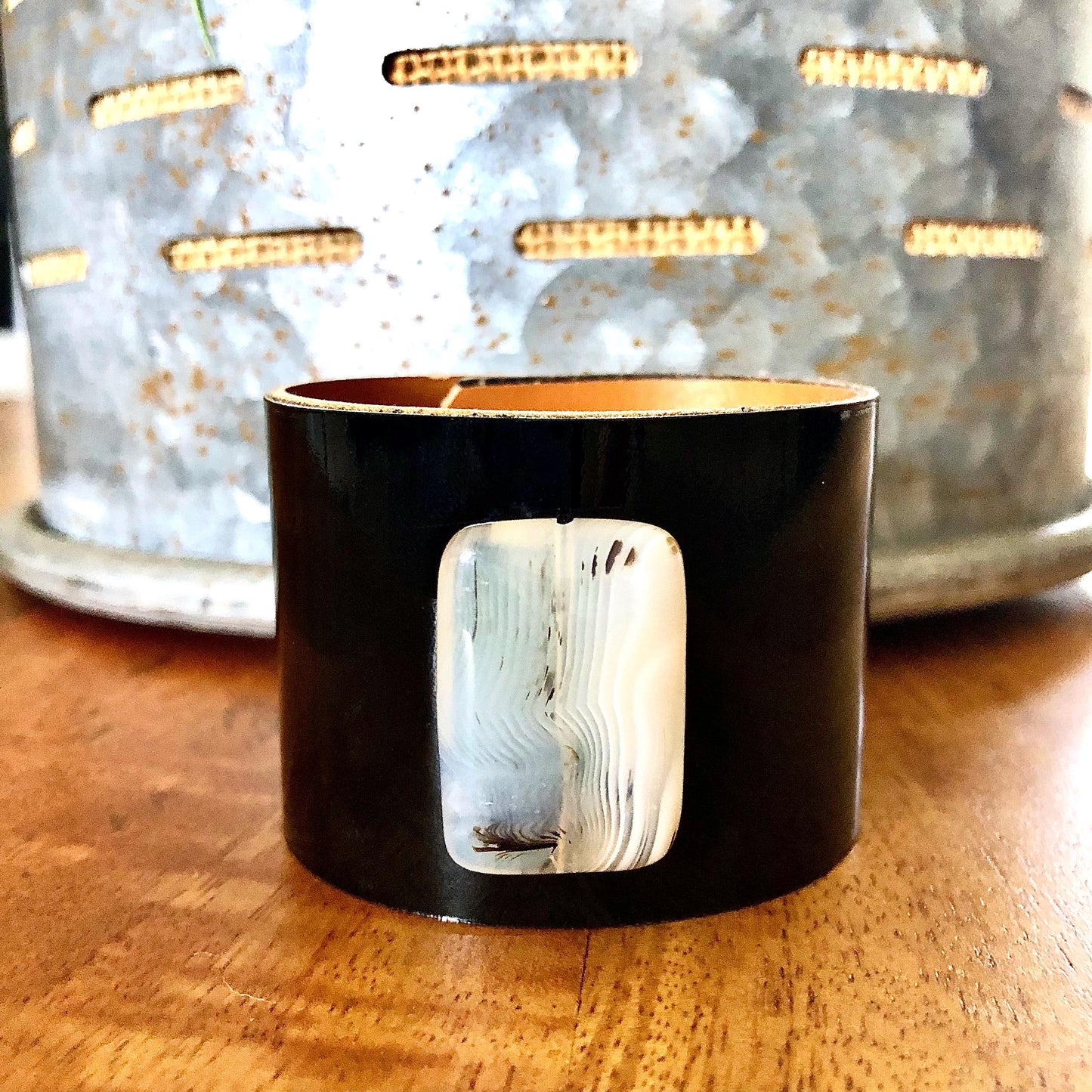 Black Patent Leather Bracelet with White Carnelian Bead
