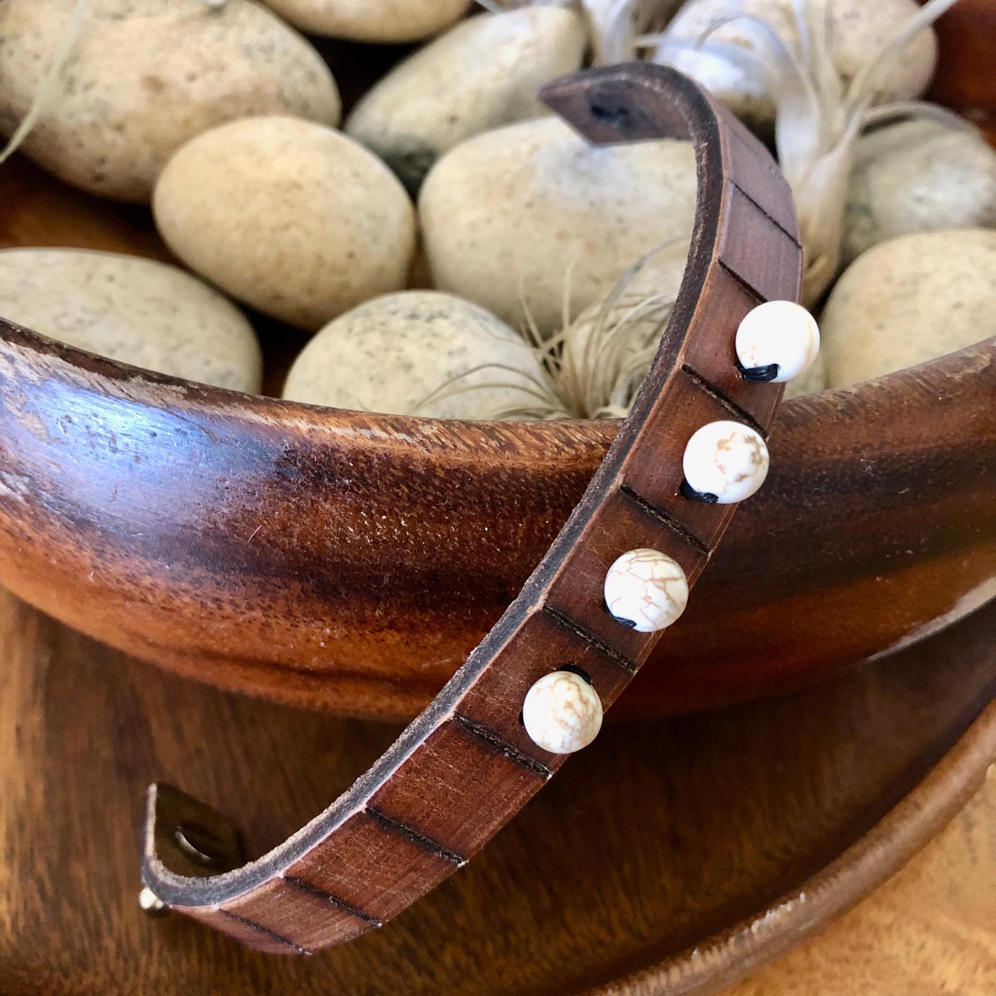 Thin Brown Leather Wristband with White Beads