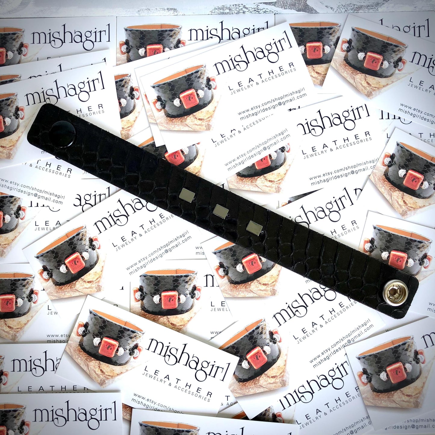 Black Snakeskin Bracelet with Hematite Beads