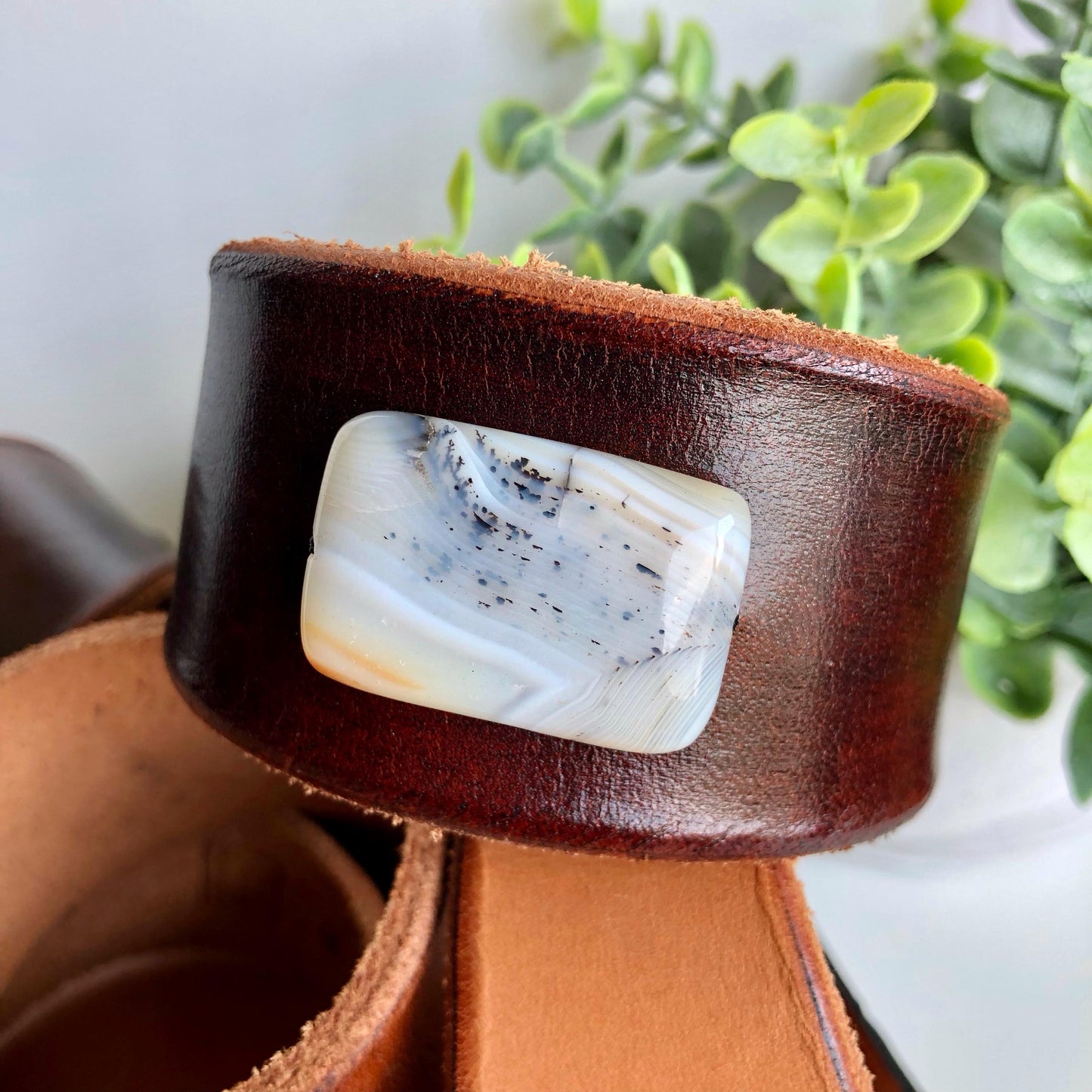 Brown Leather Cuff Bracelet with Carnelian Bead