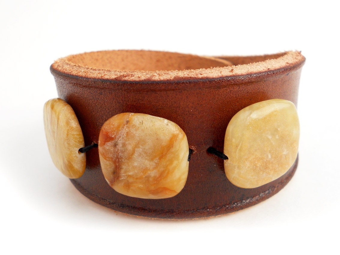 Brown Leather Cuff Bracelet with Honey Colored Jade Stone Beads