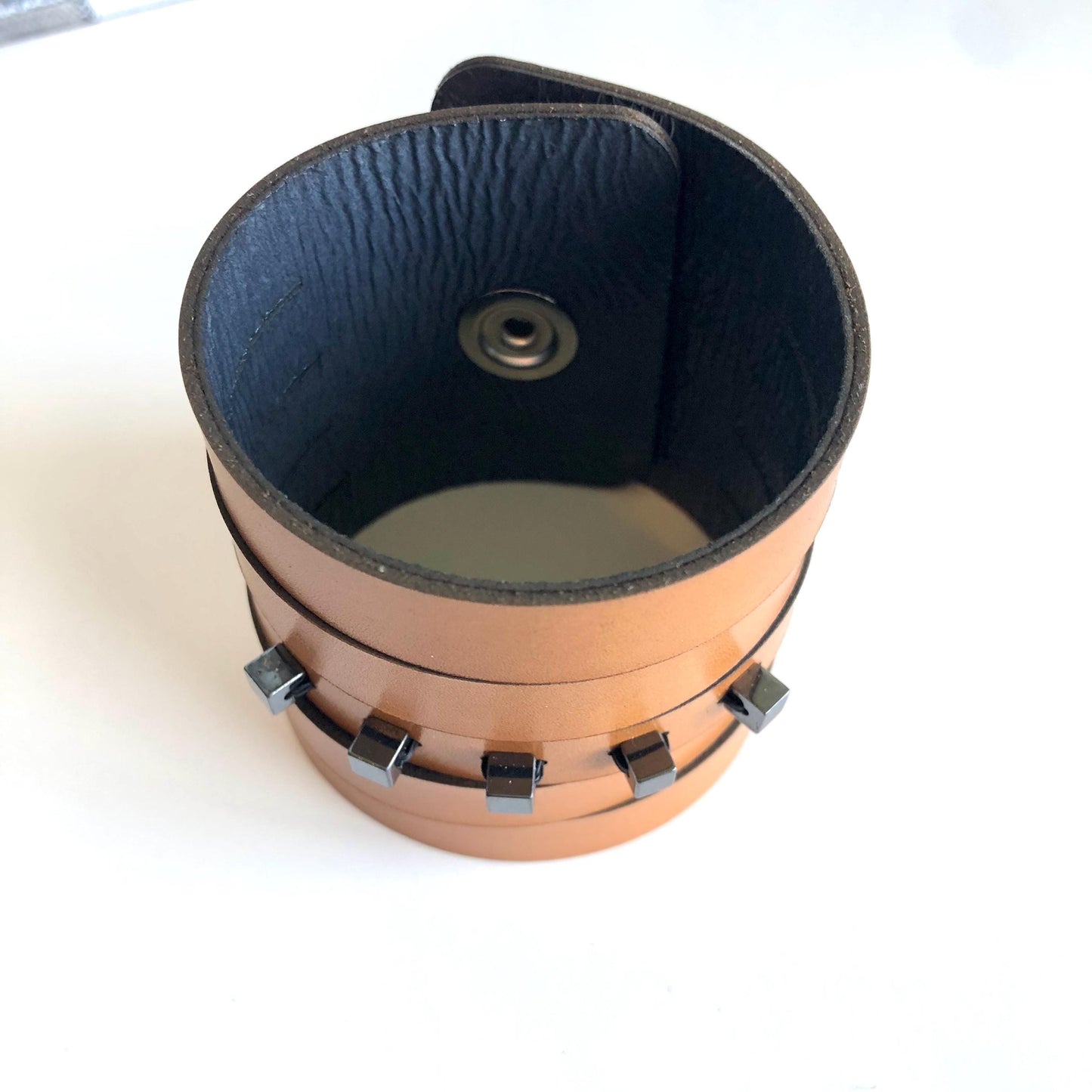 Tan Leather Slit Cuff with Beads
