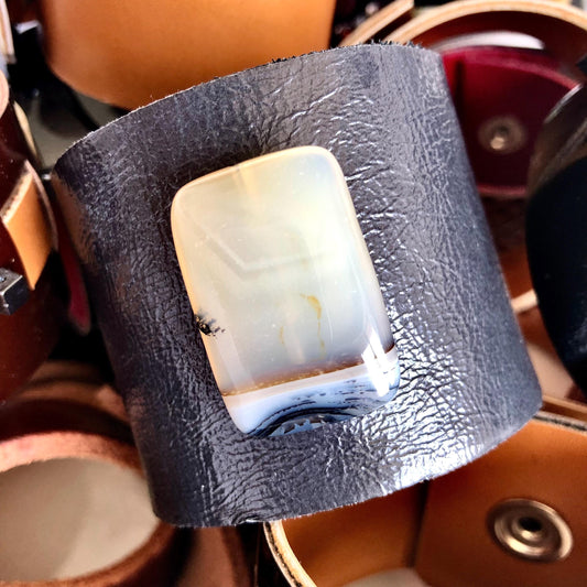 Navy Blue Handmade Genuine Leather Bracelet with White Carnelian Bead