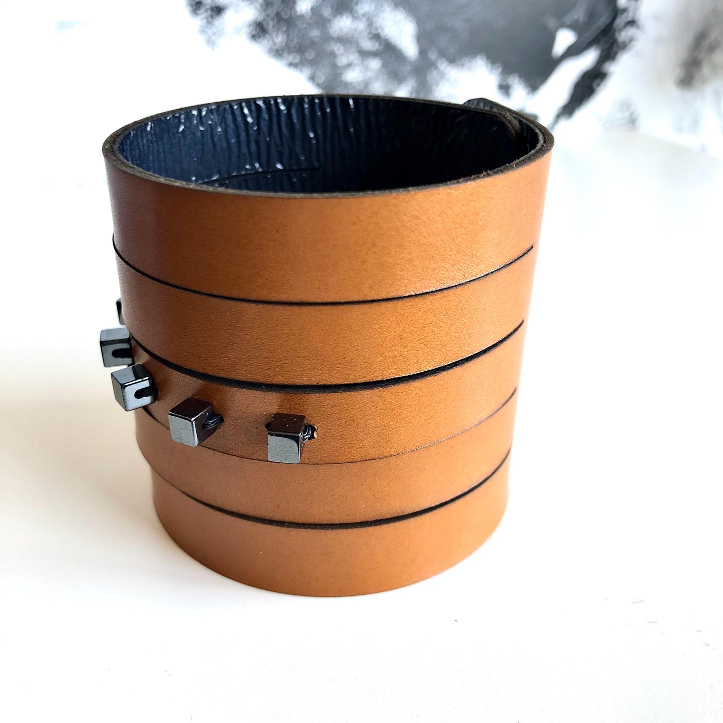 Tan Leather Slit Cuff with Beads