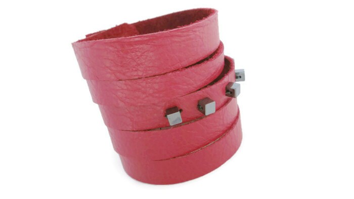 Red Leather Slit Cuff with Beads