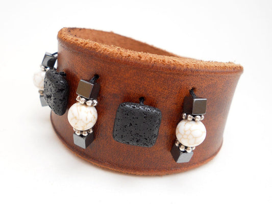 Handmade Genuine Leather Beaded Cuff Bracelet
