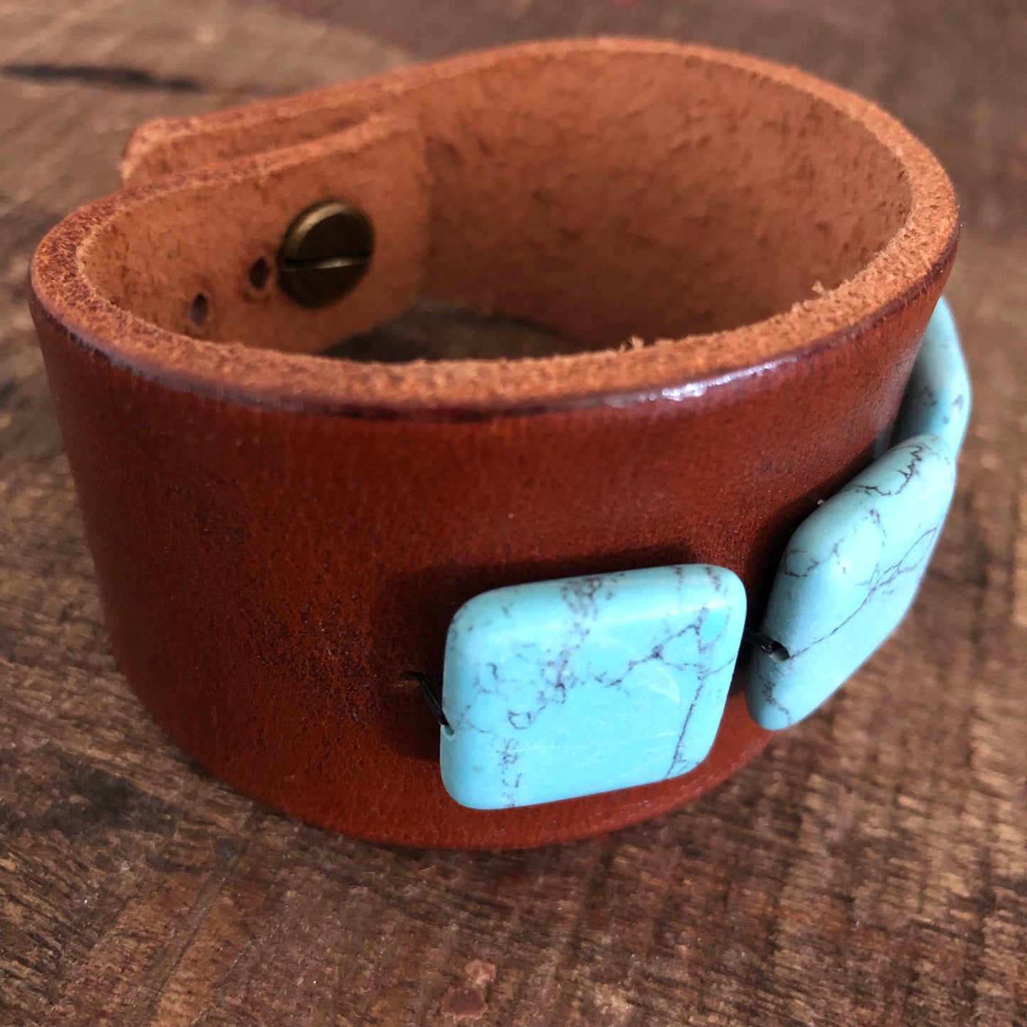 Brown Leather Bracelet with Turquoise Colored Beads
