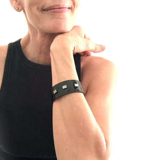 Handmade Black Snakeskin Bracelet with Hematite Beads