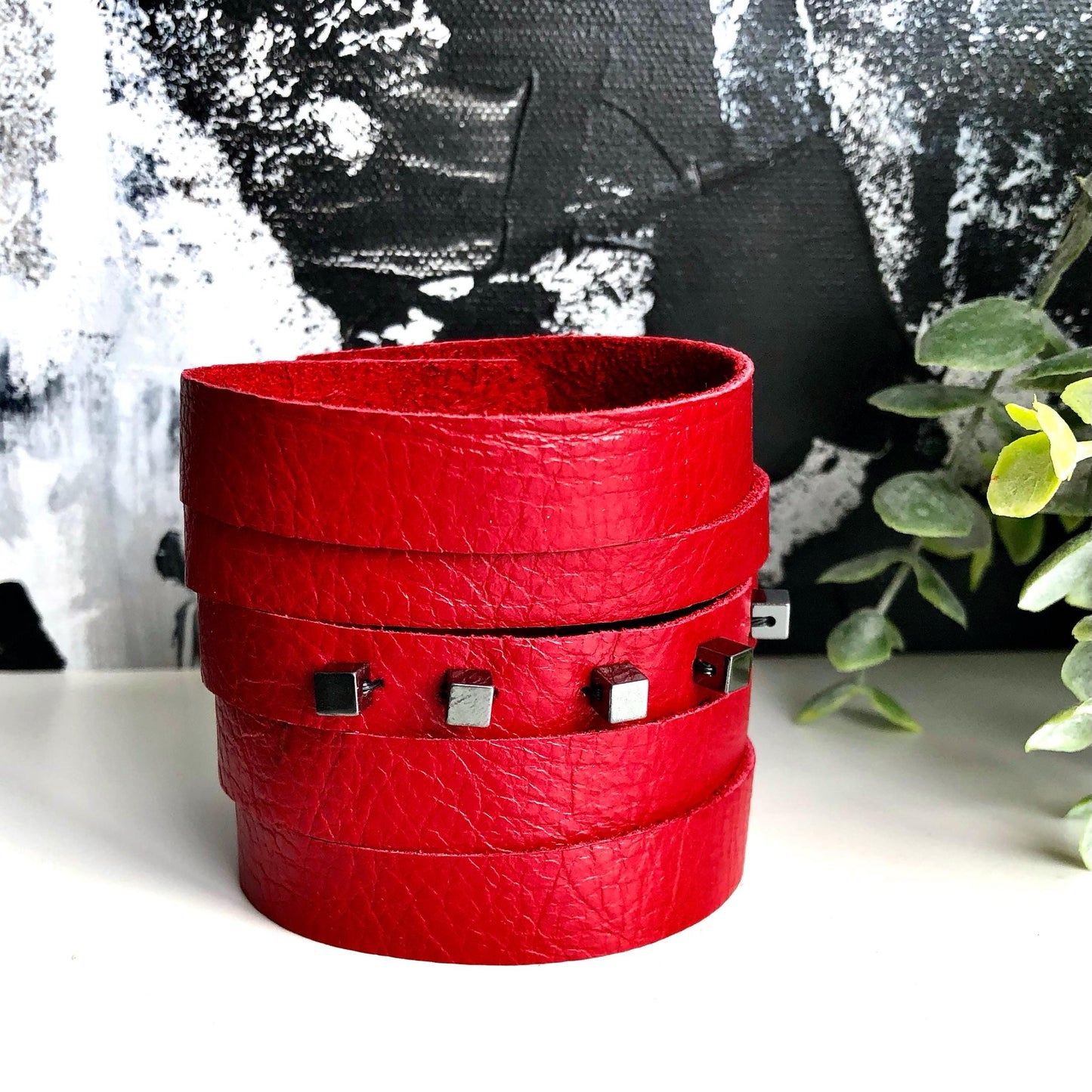 Red Leather Slit Cuff with Beads