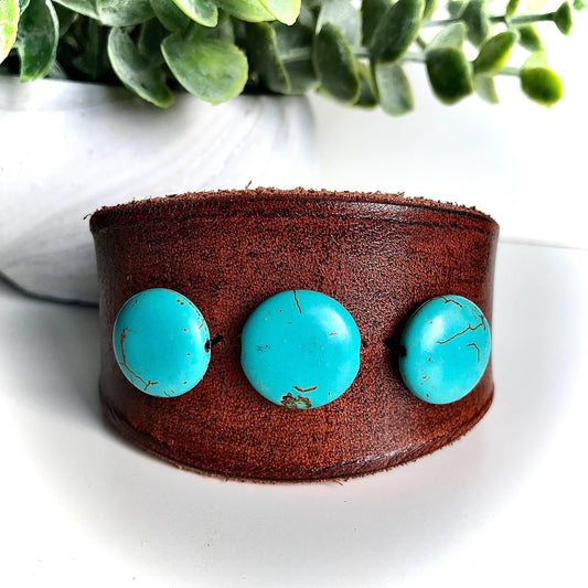 Handmade Genuine Leather Bracelet with Round Turquoise Beads
