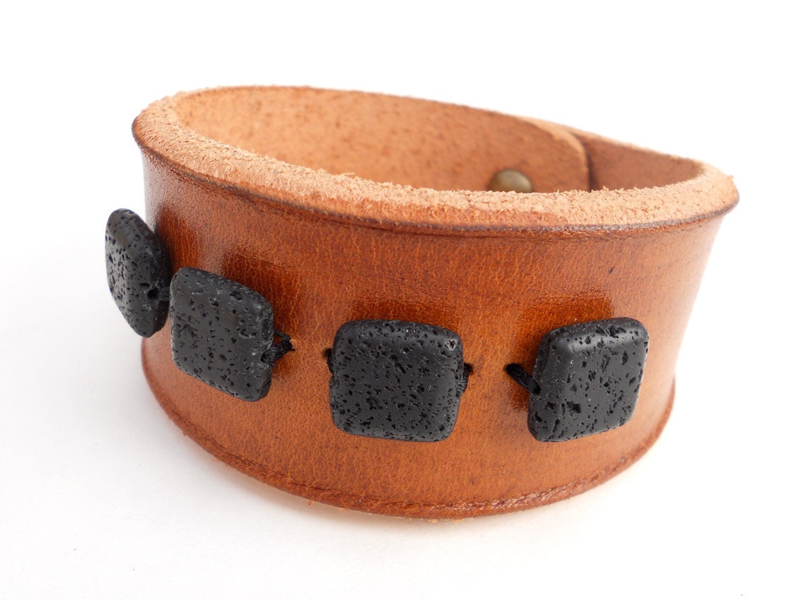 Brown Leather Bracelet with Black Lava Stone Beads