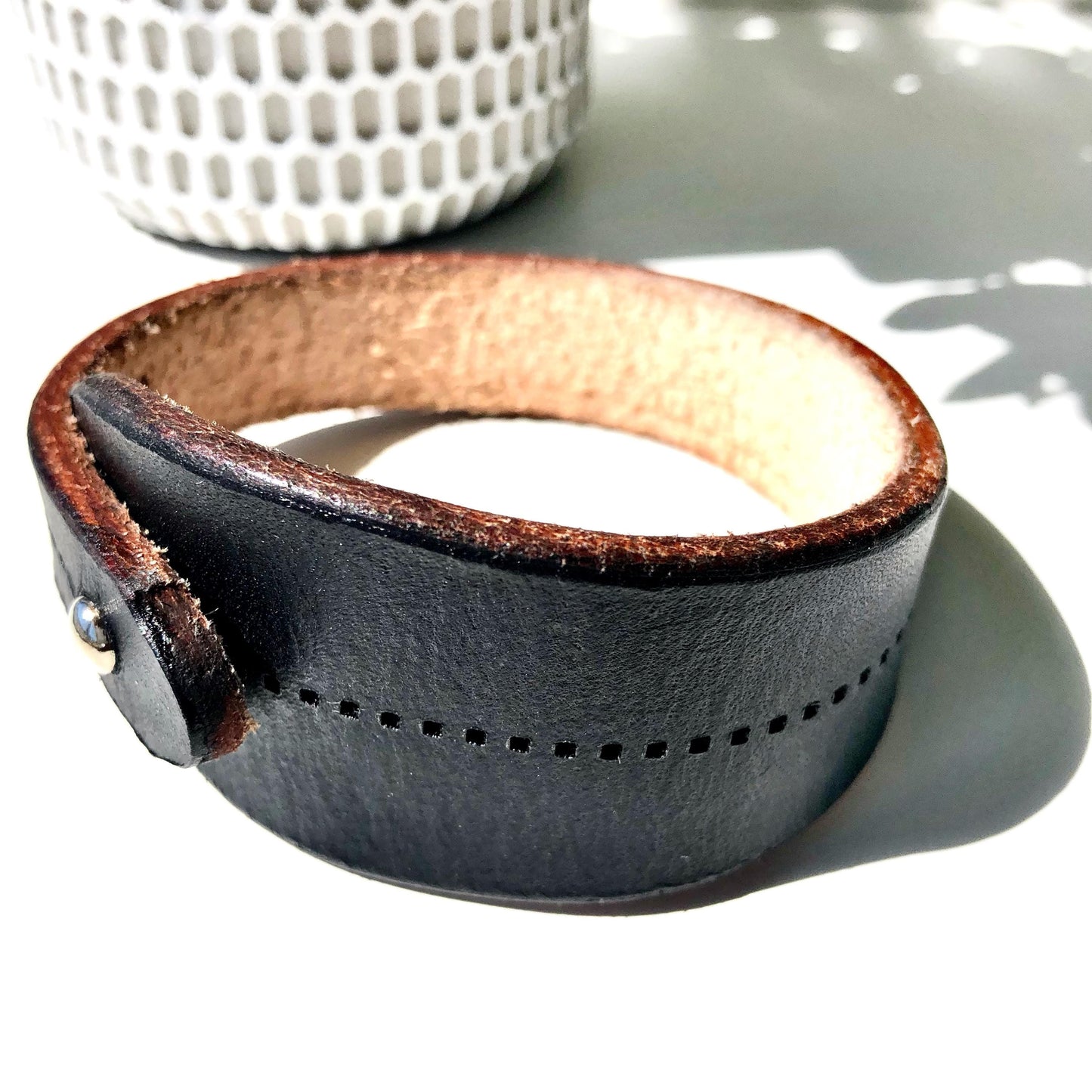 Classic Black Leather Bracelet for Men Handmade from Rawhide Leather