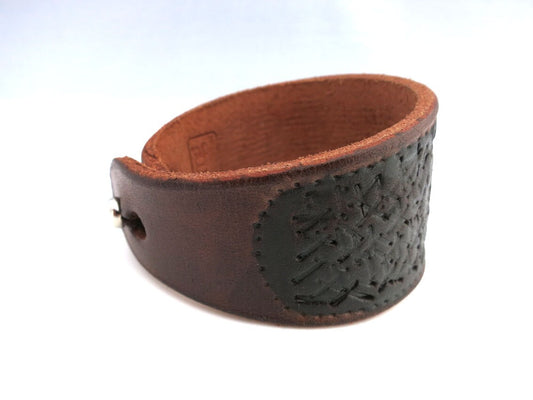 Hand Embossed Black and Brown Rawhide Unisex Cuff Bracelet