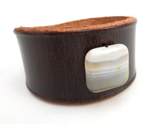 Handmade Genuine Leather Cuff Bracelet with White Agate Bead