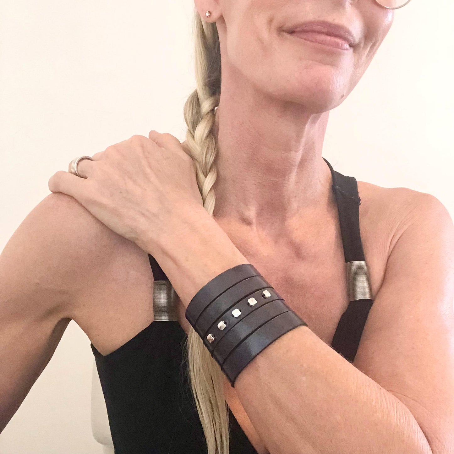 Navy Blue Leather Slit Bracelet with Beads