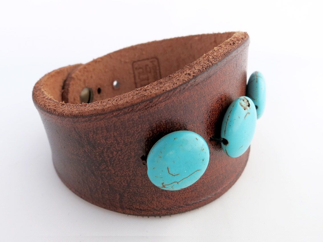 Brown Leather Bracelet with Round Turquoise Beads