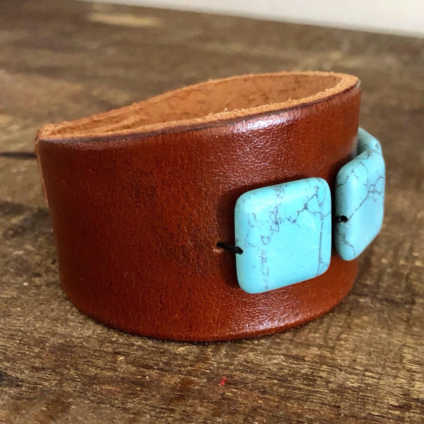 Brown Leather Bracelet with Turquoise Colored Beads