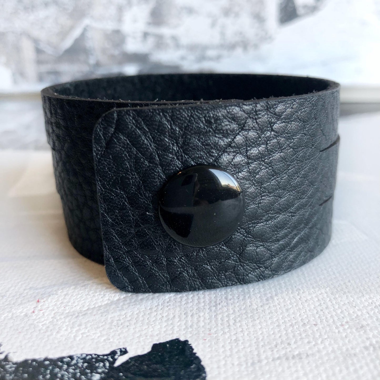 Black Leather Slit Cuff with Beads