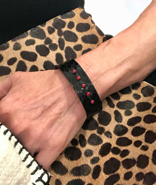 Handmade Black Snakeskin Bracelet with Red Beads