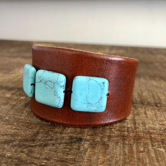 Handmade Genuine Leather Bracelet with Turquoise Colored Beads