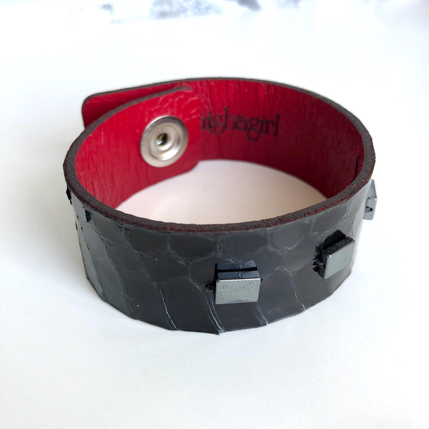Black Snakeskin Bracelet with Hematite Beads