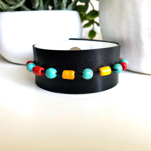 Black Leather Bracelet with Multicolored Beads