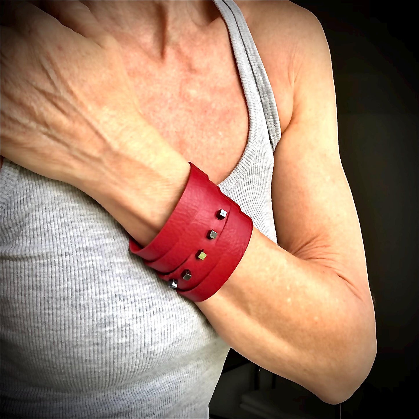 Red Leather Slit Cuff with Beads