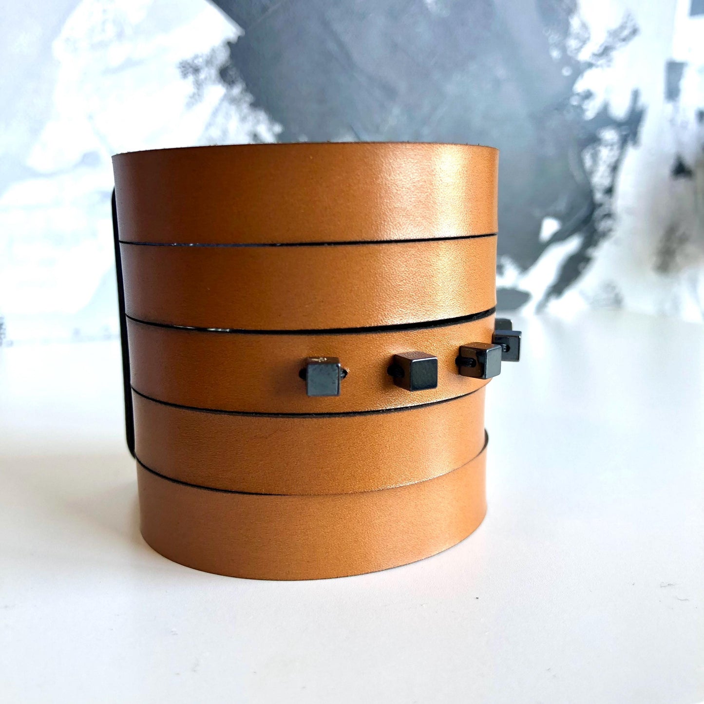 Tan Leather Slit Cuff with Beads