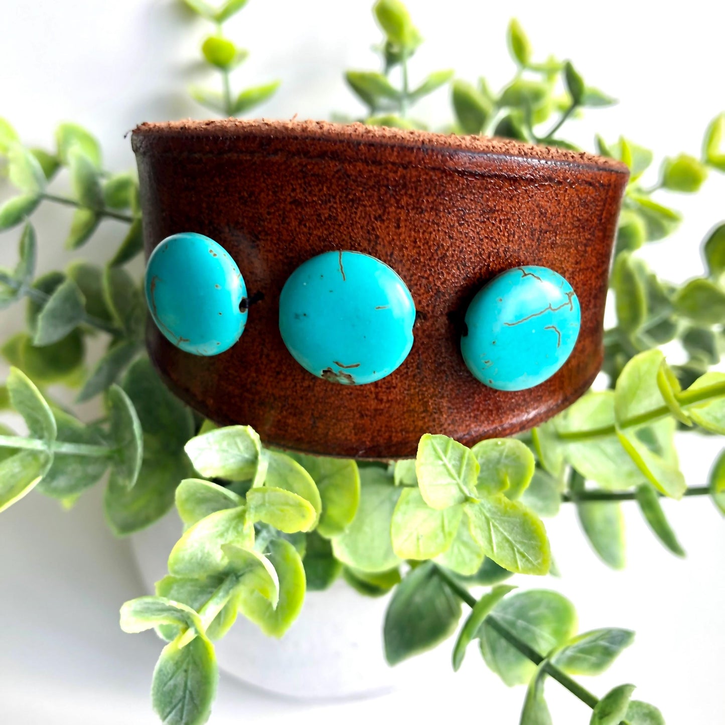 Brown Leather Bracelet with Round Turquoise Beads