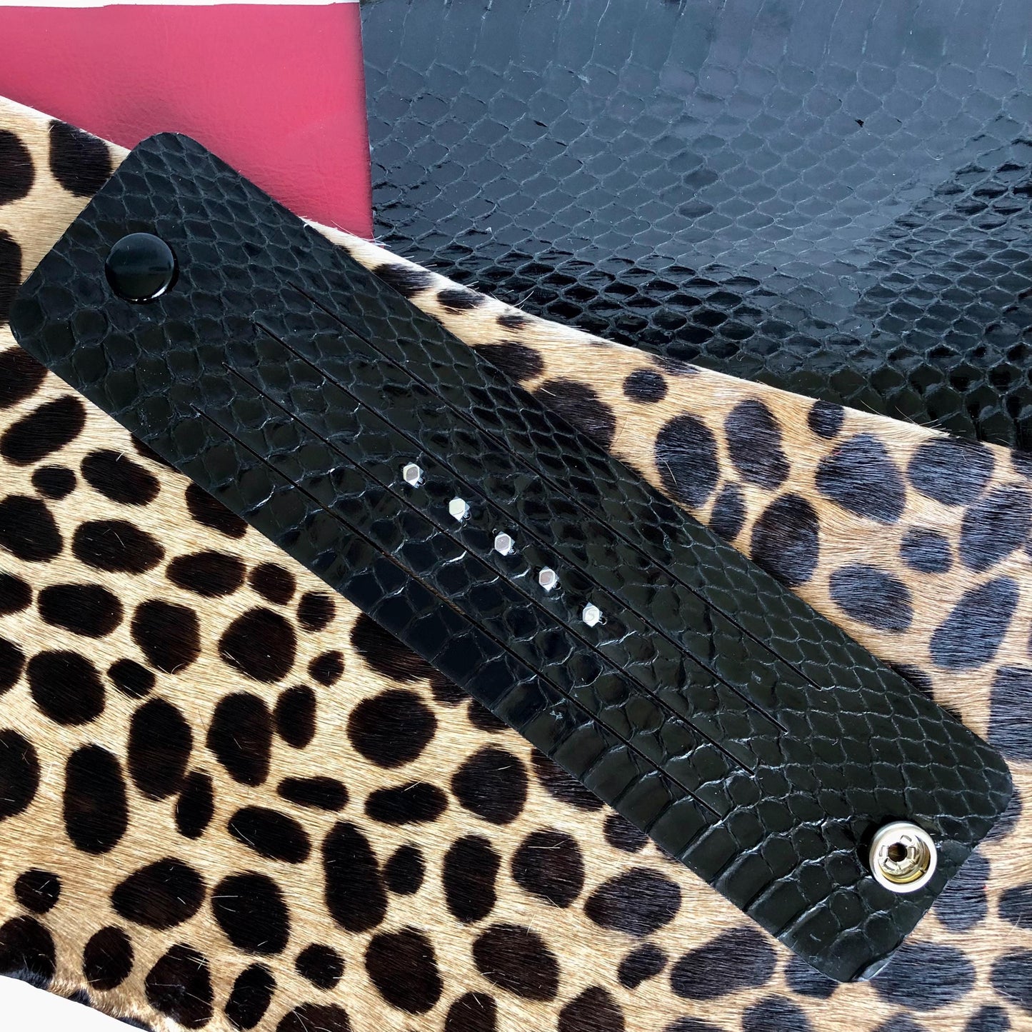 Black Snakeskin Leather Slit Cuff with Beads