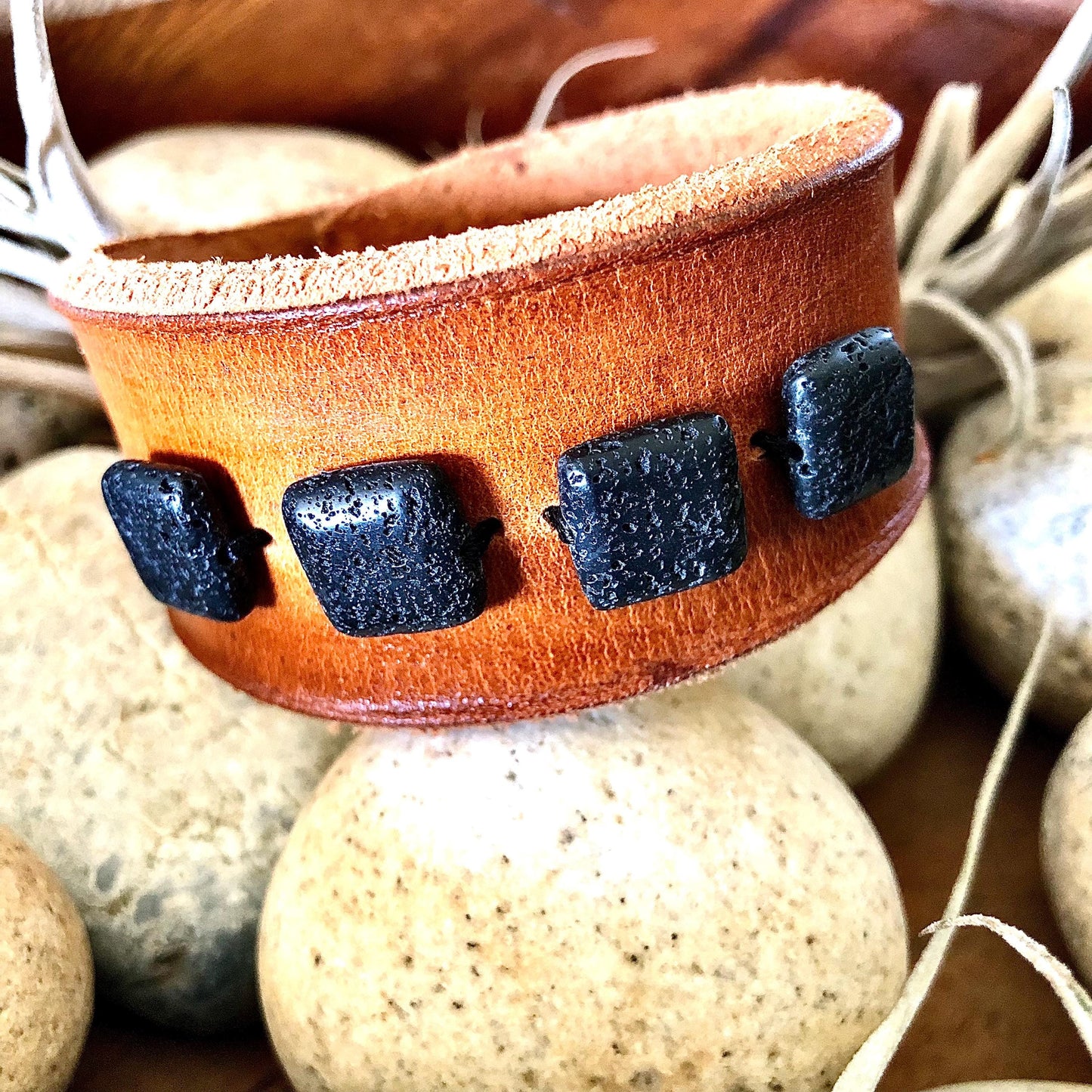 Brown Leather Bracelet with Black Lava Stone Beads