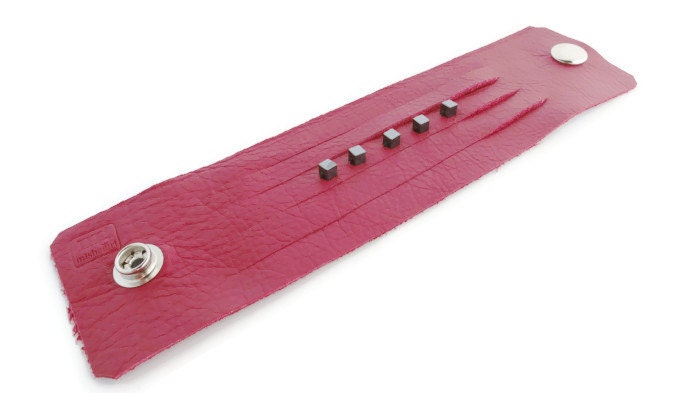 Red Leather Slit Cuff with Beads