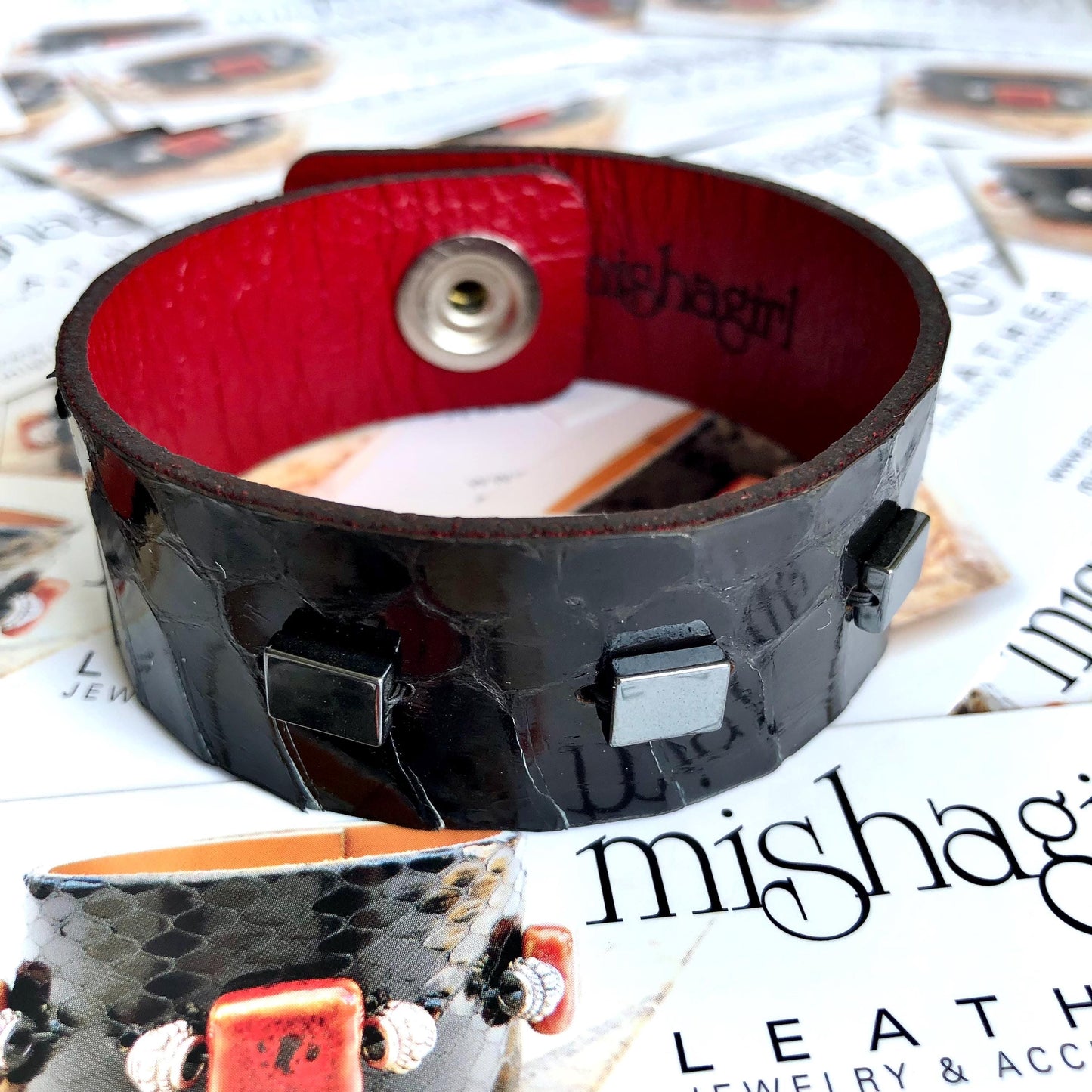 Black Snakeskin Bracelet with Hematite Beads