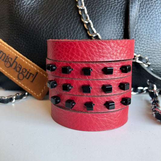 Handmade Genuine Leather Slit Cuff: Red