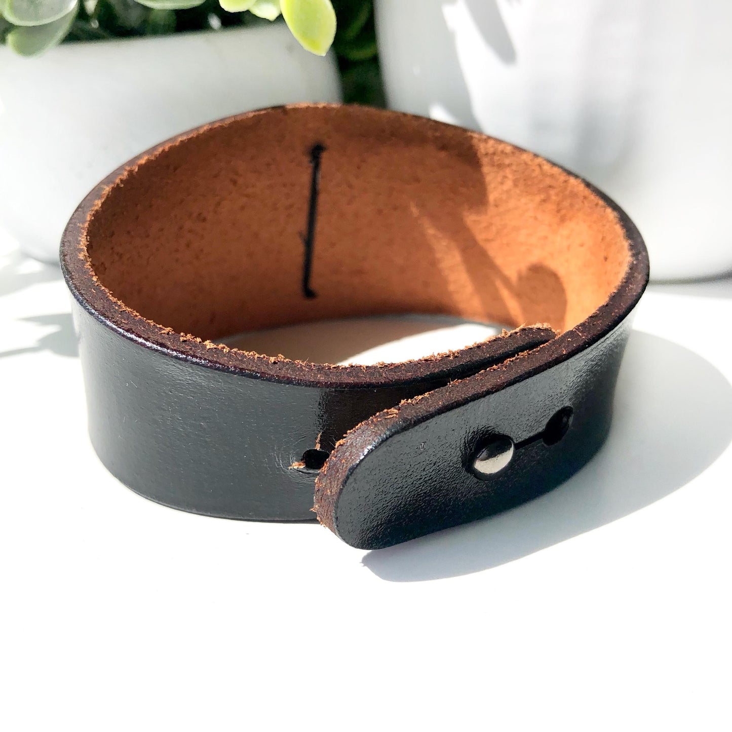 Black Leather Bracelet Cuff with Carnelian Bead