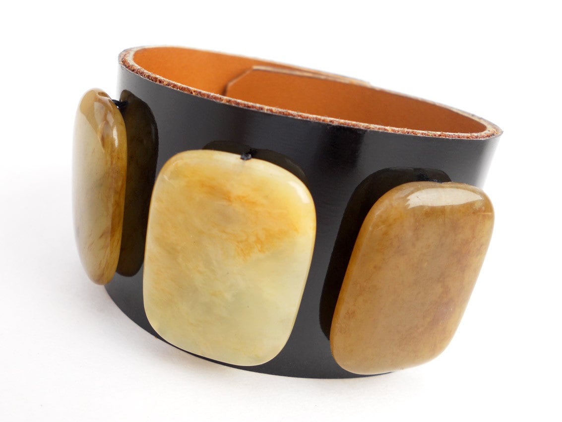 Black Patent Leather Bracelet Cuff with Jade Stone Beads