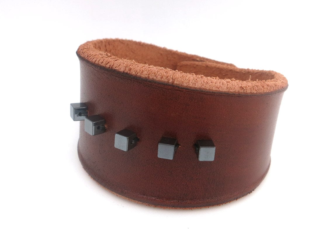 Brown Leather Bracelet Cuff with Hemetite Beads